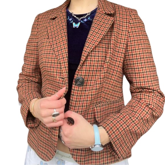 Talbots Houndtooth Brown Tan Red Plaid One Button 100% Wool Fall Jacket Blazer - Picture 3 of 14